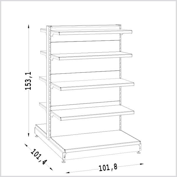 Dvipusė prekybinė lentyna 800×1500 H1500 ( 10 lentynų ) eksponavimui parduotuvės centre lentynos naudojamos prekių