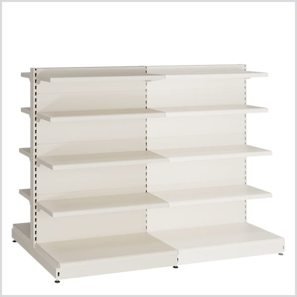 Dvipusė prekybinė lentyna 800×1500 H1500 ( 10 lentynų ) eksponavimui parduotuvės centre komplektaciją galime paruošti