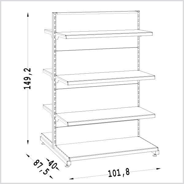 Dvipusė prekybinė lentyna 800×1500 H1500 ( 8 lentynos ) eksponavimui parduotuvės centre