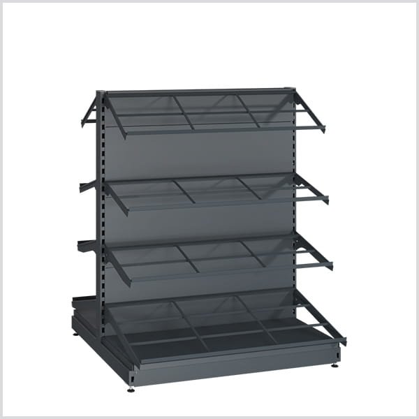 Dvipusė prekybinė lentyna daržovių vaisių dėžėms nuožulnios lentynos mažesnėms parduotuvės salės centre