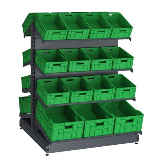 Dvipusė prekybinė lentyna daržovių vaisių dėžėms nuožulnios lentynos mažesnėms didelėms