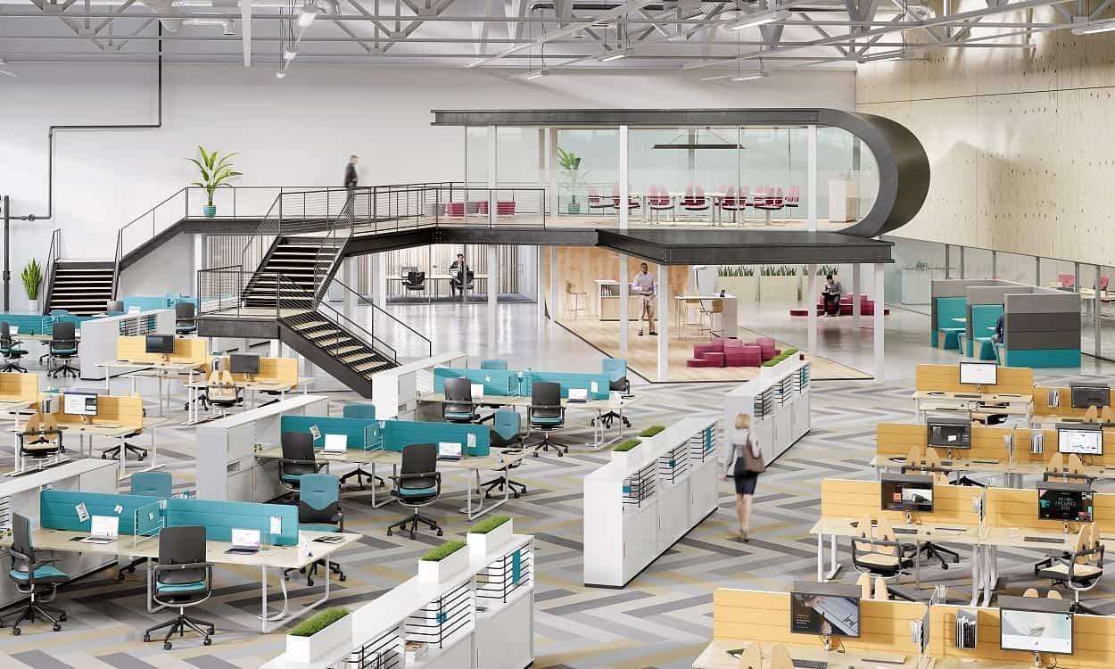 Play&Work geltoni stalai: pilkos grindys ir 60 % didesnis darbuotojo greitis